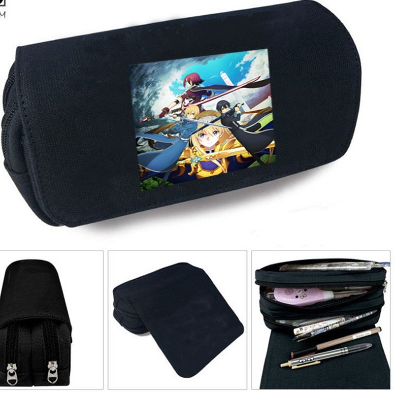 Hộp bút vải canvas khóa trắng in hình SWORD ART ONLINE SAO Đao Kiếm Thần Vực đi học tiện lợi game anime chibi