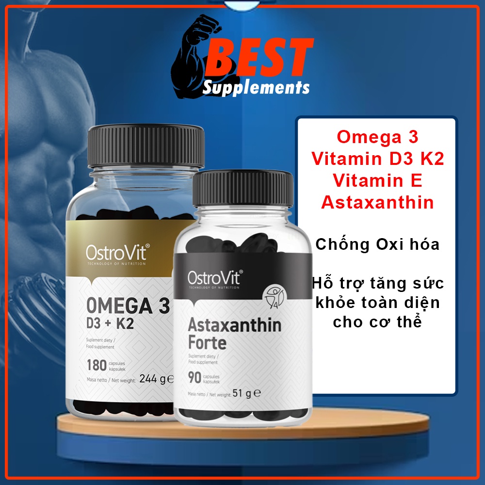 Ostrovit - COMBO Omega 3 D3 K2 180v  &amp; Astaxanthin 90v - Hỗ Trợ Xương Khớp, Chống Lão Hóa