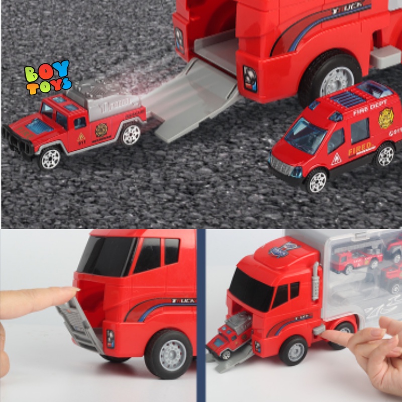 Đồ chơi xe container chở 6 xe hợp kim cứu hỏa, cảnh sát, quân sự, kĩ thuật mẫu mới có quai xách tiện lợi