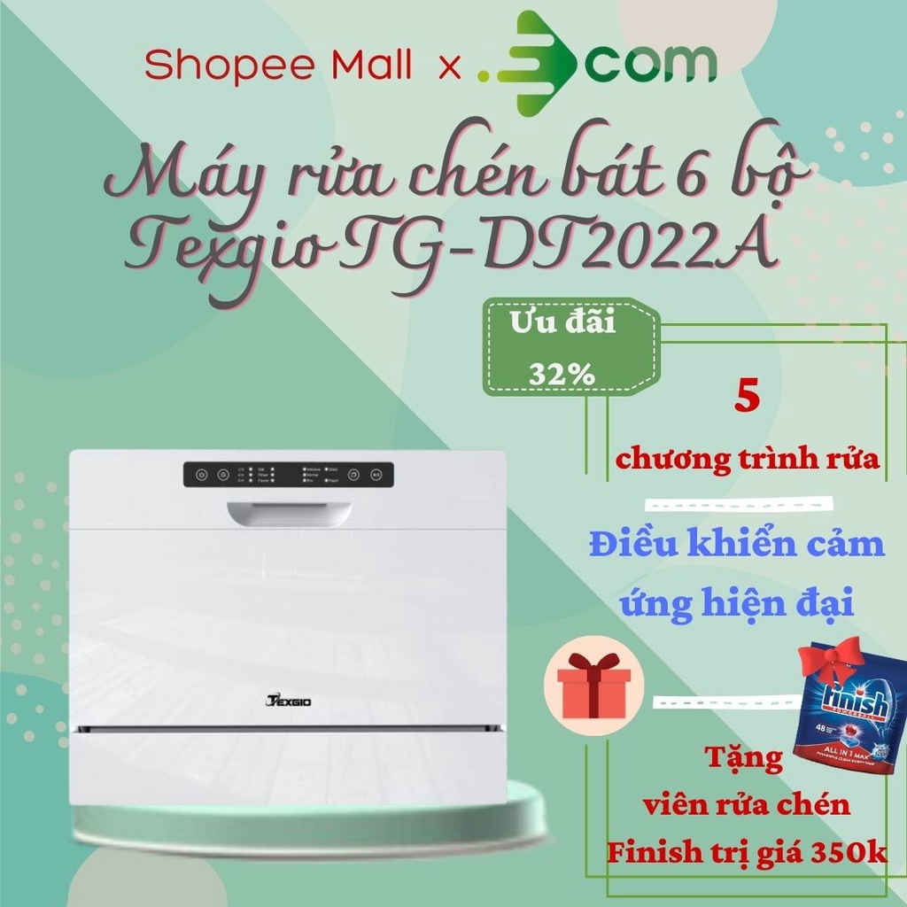 Máy rửa chén bát Texgio TG-DT2022A mini 6 bộ sấy nhiệt dư