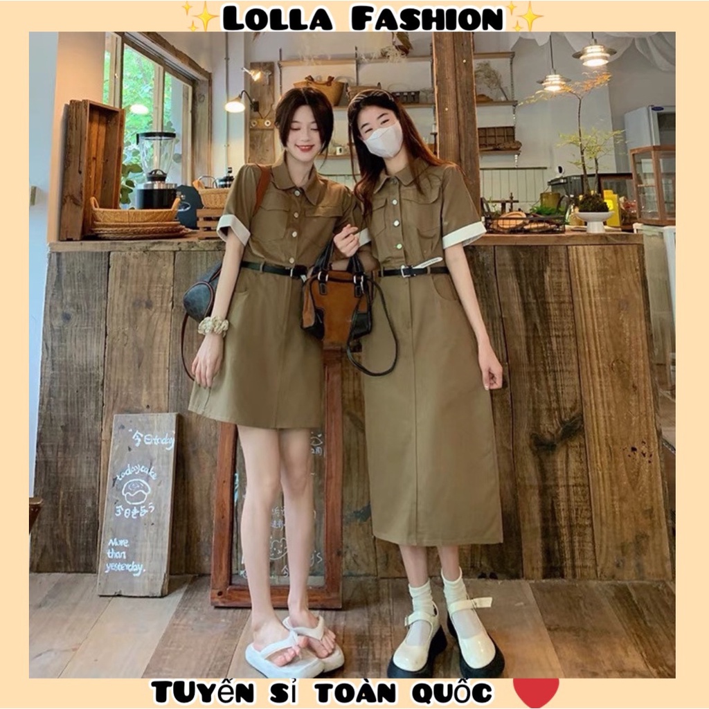 (Hàng shop): Váy kaki form basic dáng dài màu nâu tây có kèm đai (Lolla Fashion)