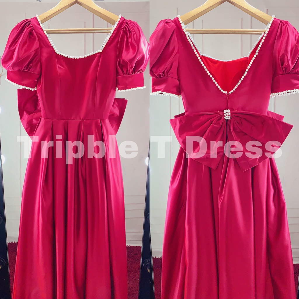 Đầm maxi cưới TRIPBLE T DRESS cổ U tay ngắn phồng hở lưng kết viền ngọc - size S/M/L - MS273Y