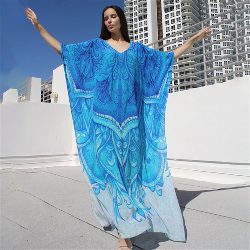 Dn0063 Đầm Maxi Đi Biển Kích Thước Lớn Cổ Chữ V Gợi Cảm Praia Mulher