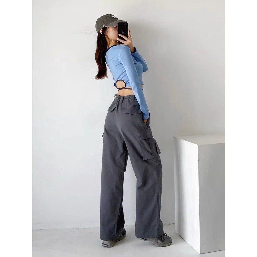 Quần Cargo Pants túi hộp ống rộng phối dây rút eo vải Kaki mềm phong cách thời trang Uniex Streetwear