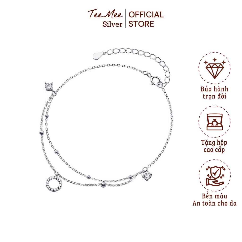 Lắc chân bạc nữ Charm tròn đính đá xi bạch kim cao cấp TeeMee phụ kiện trang sức - T099