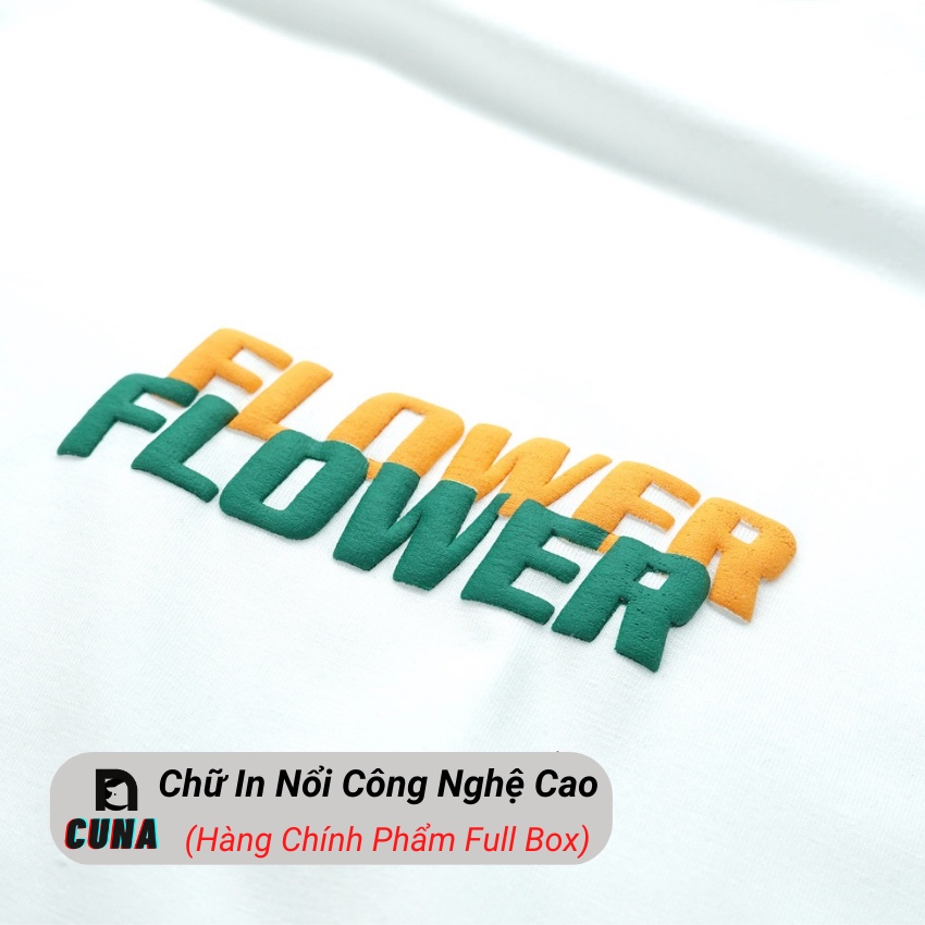 Áo thun unisex CUNA áo phông form rộng tay lỡ nam nữ cổ tròn phối trắng đen mặc nhà đi chơi phong cách mùa hè FLOWER