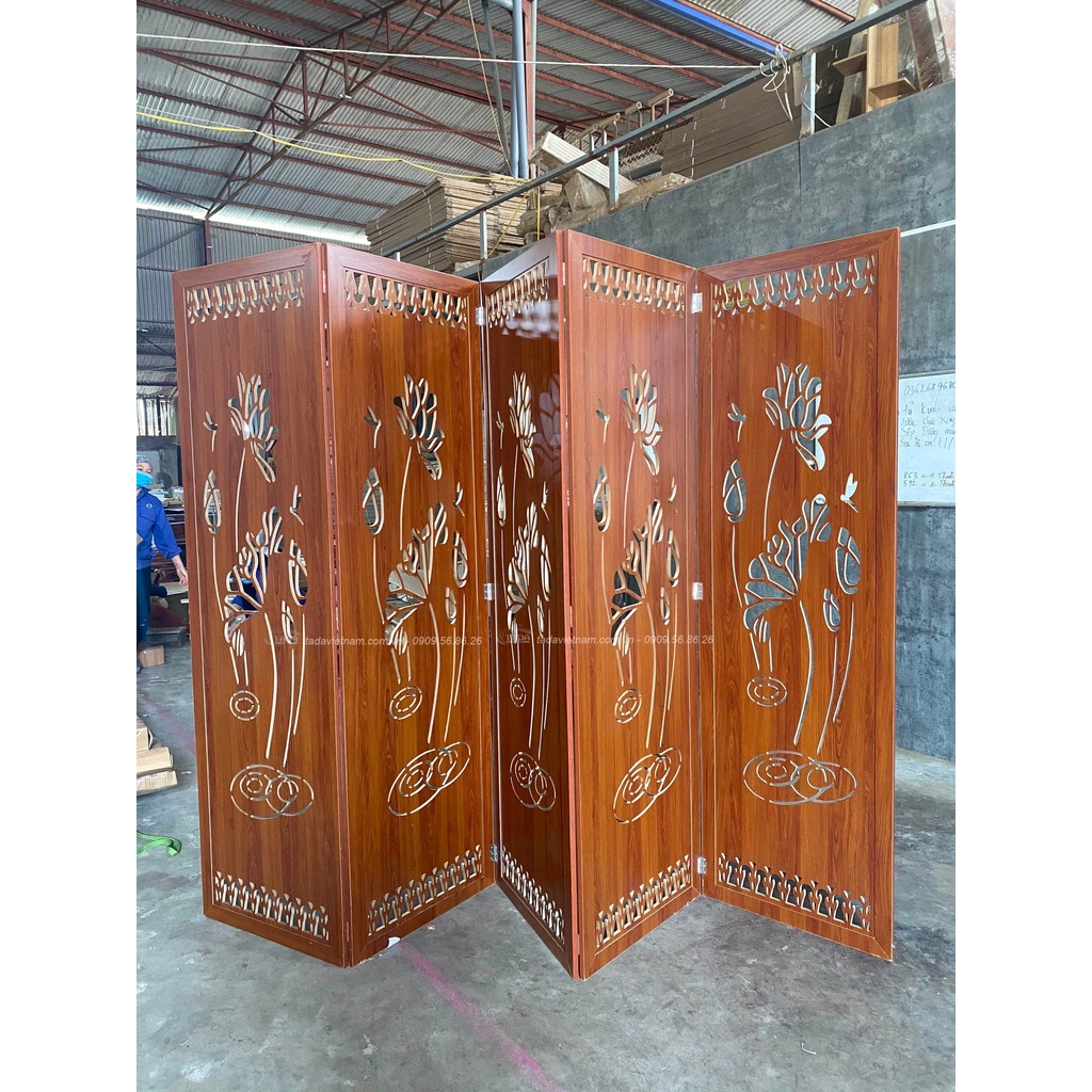 ( 3-4 tấm) Vách bình phong, vách ngăn phòng họa tiết cây sen mẫu mới, CNC chất liệu gỗ MDF phủ melamin