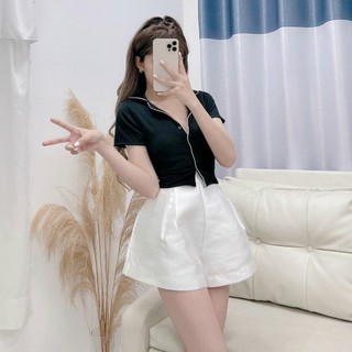 Áo Croptop Nút Viền Màu Cổ Bẻ