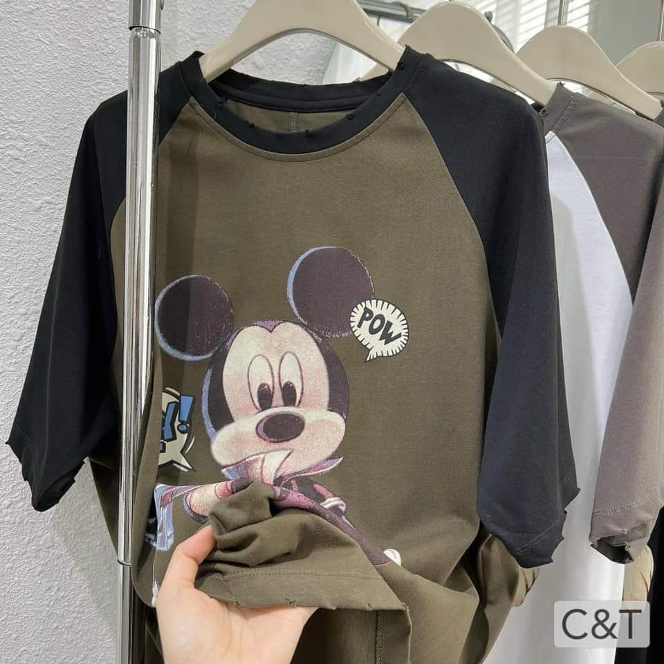 Áo phông thun form rộng unisex 3158 mặc đôi chất cotton hình mickey phối tay