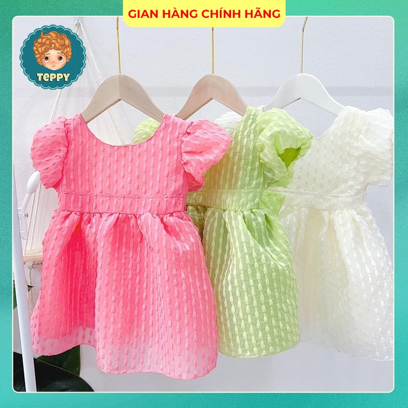 Đầm, váy xoè bồng khoét lưng đính nơ cho bé