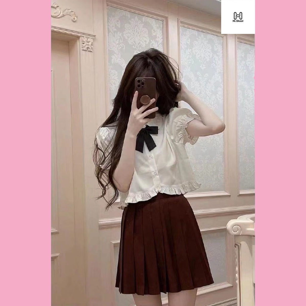 Áo sơ mi học sinh ngắn tay cổ bèo/ Áo trắng cài cúc dáng lửng tay bồng dễ thương H0155