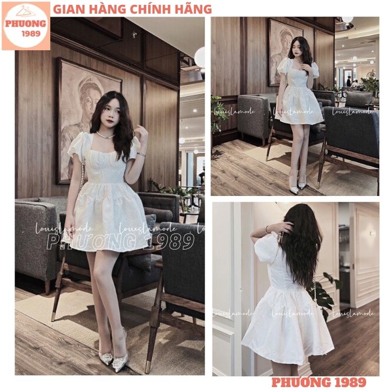 Váy Gấm Cổ Vuông Cúp Ngực Tay Phồng Dáng Xòe Tầng Đi Tiệc Sang Chảnh, Đầm Trắng Cổ U Tay Ngắn Tiểu Thư Điệu Đà - 1989