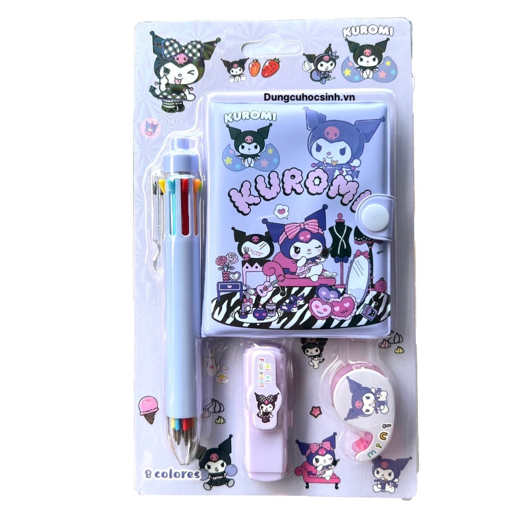 Set Sổ Nút A7 Kèm Bút 8 Màu, Dạ Quang, Stiker Dễ Thương