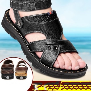 Sandal quai chéo nam da bò đế khâu, dép quai hậu phong cách