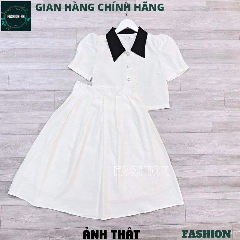 Sét váy nữ trắng xòe dáng dài và áo cộc tay bồng tiểu thư - Bộ chân váy sang chảnh ulzang - FASHION V86