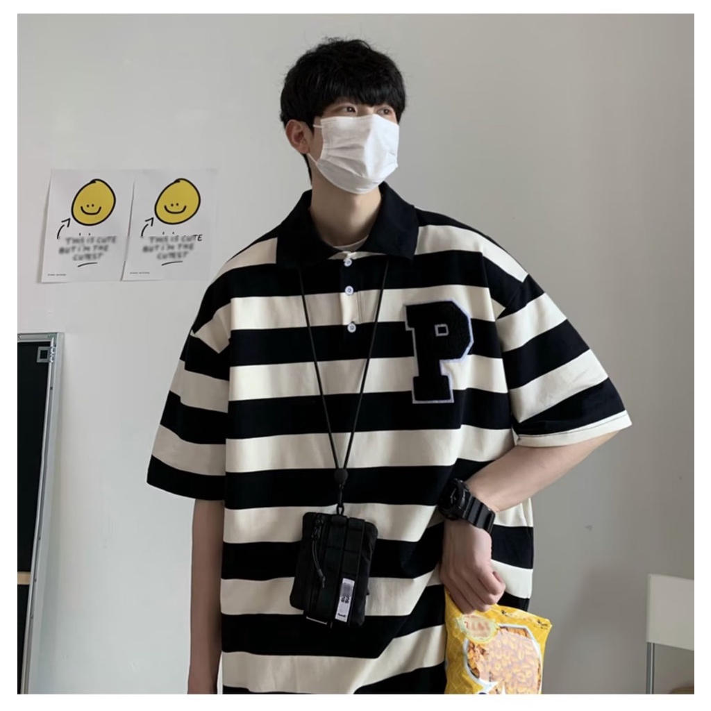 Áo polo Ngắn Tay Dáng Rộng Họa Tiết Kẻ Sọc Phong Cách Đường Phố Nhật Bản Thời Trang Mùa Hè Cho Nam