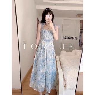 [Sẵn] V123 Đầm váy dài hai dây thắt nơ hoa xanh dương nhẹ nhàng đi biển phong cách Pháp Retro Vintage Taobao mới 2023