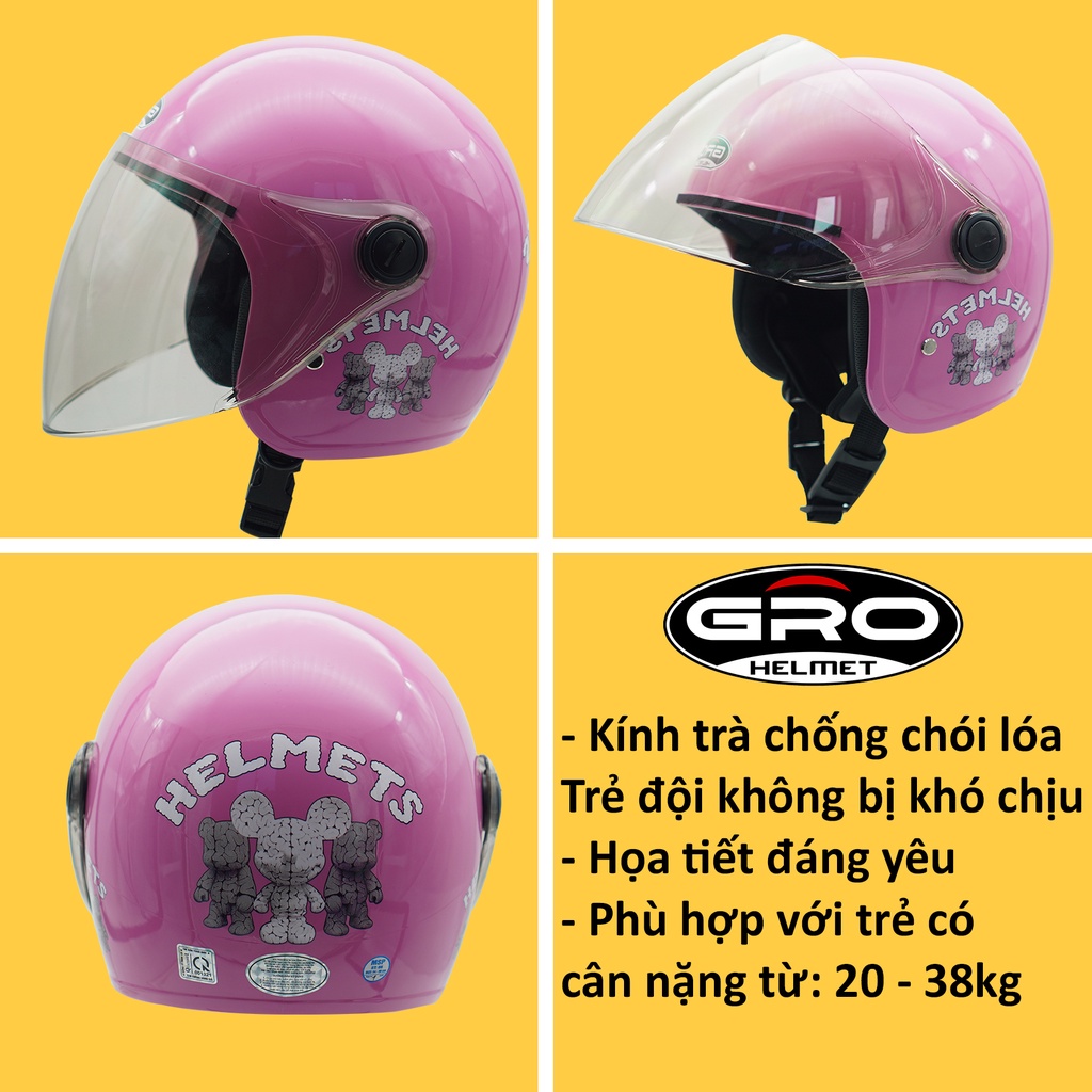 Mũ bảo hiểm cho bé trai Gro Helmet, tem họa tiết đáng yêu - Hồng Nhạt