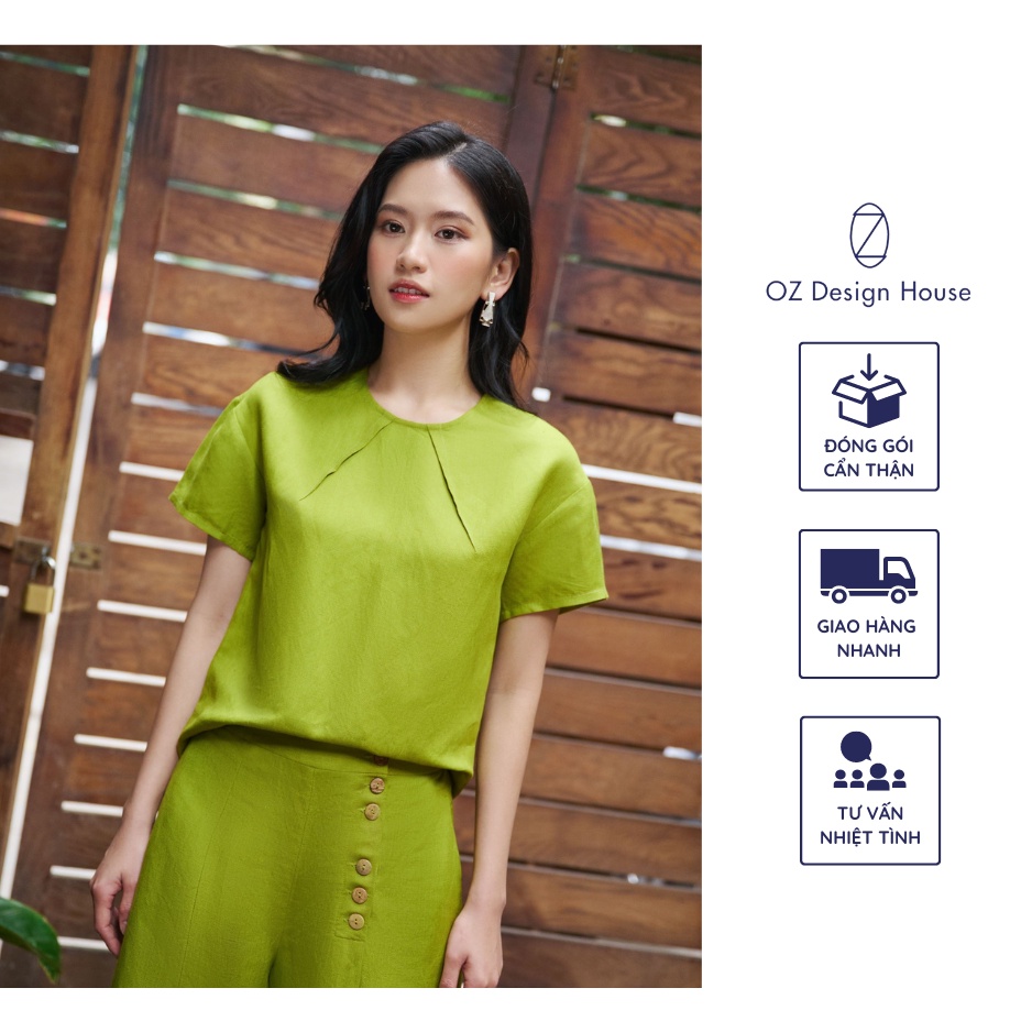 Áo cộc tay OZ Design House AO14200SUM23 linen lụa cổ tròn hai ly trước màu xanh lá non