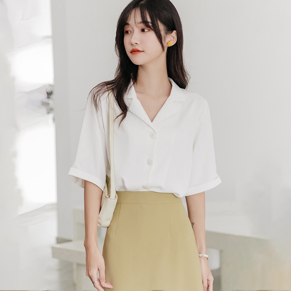 Áo sơ mi trắng nữ Hàn Quốc GINDY sơmi công sở tay lỡ form đẹp cổ vest thời trang sinh viên cúc vuông A10114