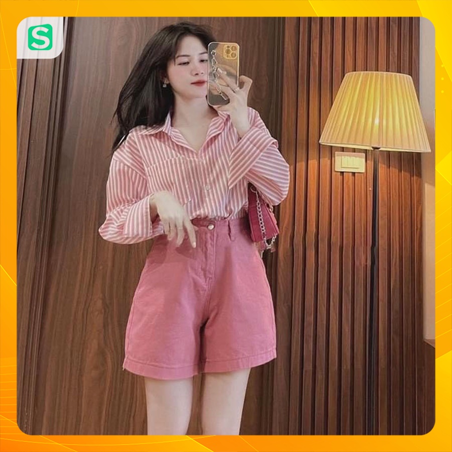 Set Bộ Nữ Áo Sơ Mi Kẻ Sọc Mix Quần Short Kaki Màu Hồng Hàng Quảng Châu AP080 - TT Korean