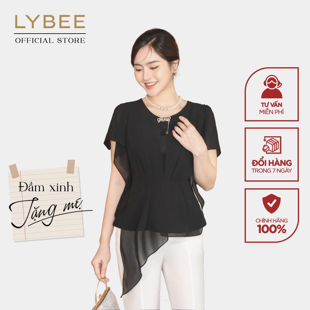 Áo nữ trung niên LYBEE LVA004 thiết kế sang trọng nhã nhặn chất voan phối chiffon cao cấp thoáng mát mùa hè màu xanh đen