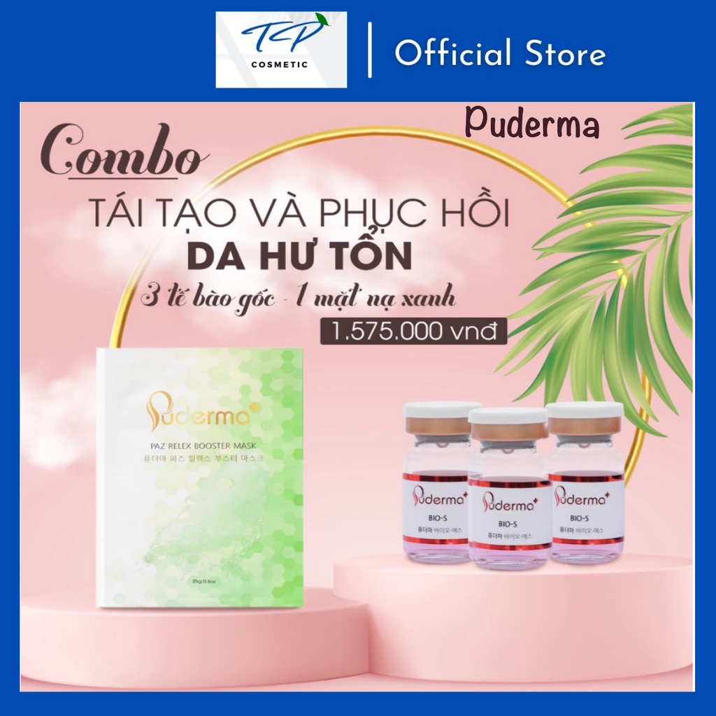 Combo tái tạo và phục hồi da hư tổn:1 hộp mặt nạ xanh Puderma Paz Relex Booster Mask và 3 tế bào gốc đỏ