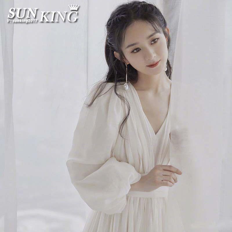 Zhao Liying Đầm Tay Phồng Ôm Eo Màu Trắng Nhạt Phong Cách Pháp Sang Trọng Thời Trang Xuân Hè 2023