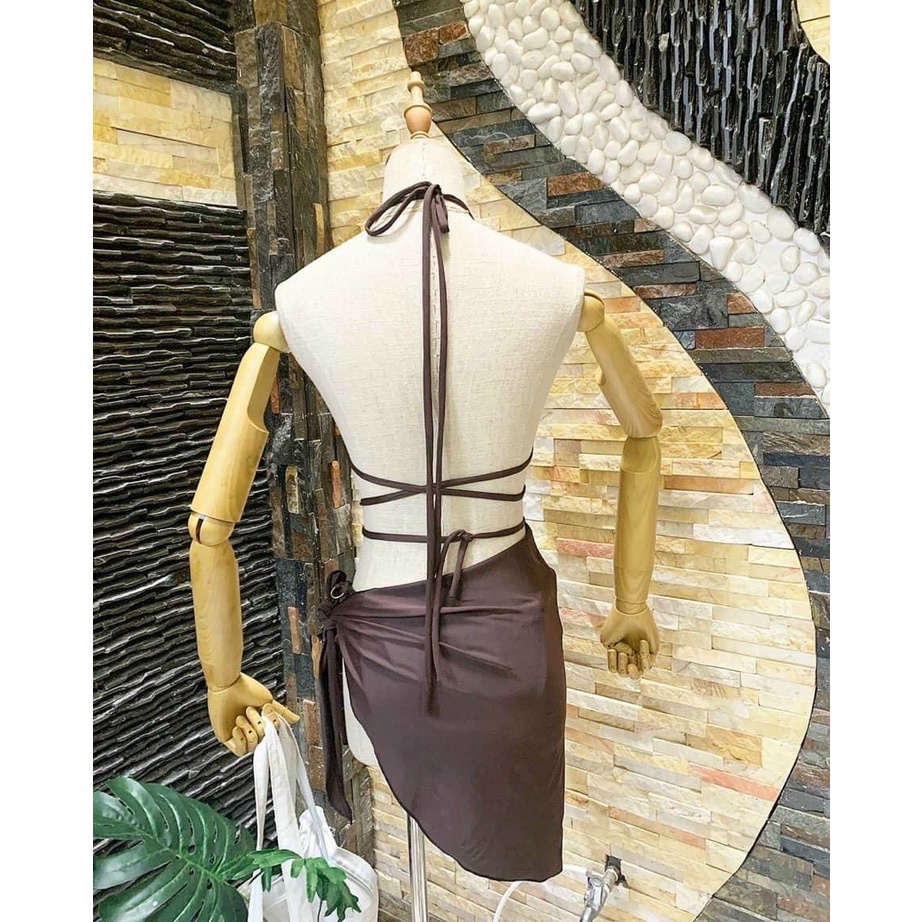 Đồ Bơi Bikini Đi Biển 2 Mảnh Tam Giác Khoen Quần Tăng Đơ Nâu Tây Sexy - TS150