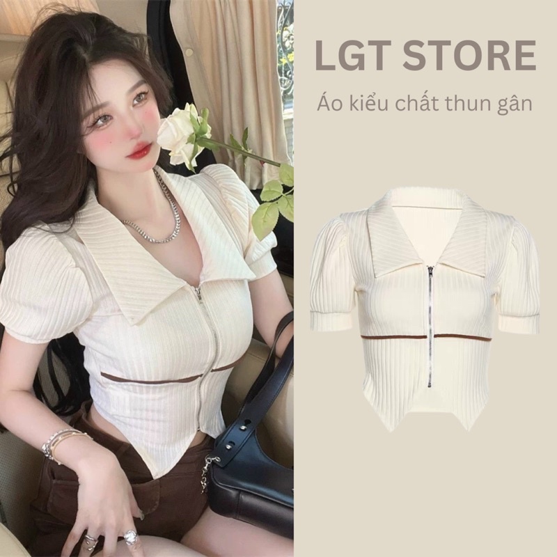 Áo thun nữ cổ sơ mi [CÓ ẢNH THẶT] phối khoá kéo ômbody chất thun gân co dãn 4 chiều phong cách ULZAANG
