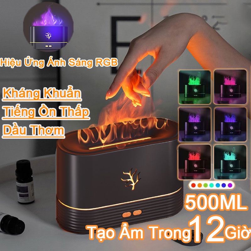 500ML Máy khuếch tán tinh dầu Lửa mô phỏng Máy khuếch tán tinh dầu tự ngắt khi hết nước Máy Tạo Ẩm Phun Sương LED