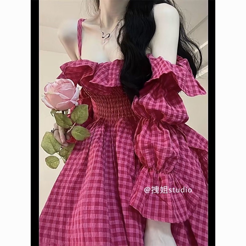 Đầm mini 2 dây kẻ sọc màu hồng dáng xoè thời trang nữ
