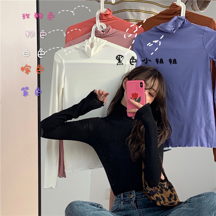 Áo Thun Tay Dài Cổ Cao Màu Sắc Đơn Giản Cho Nữ