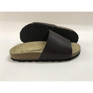 Dép unisex 1 quai da pu nâu đế trấu handmade