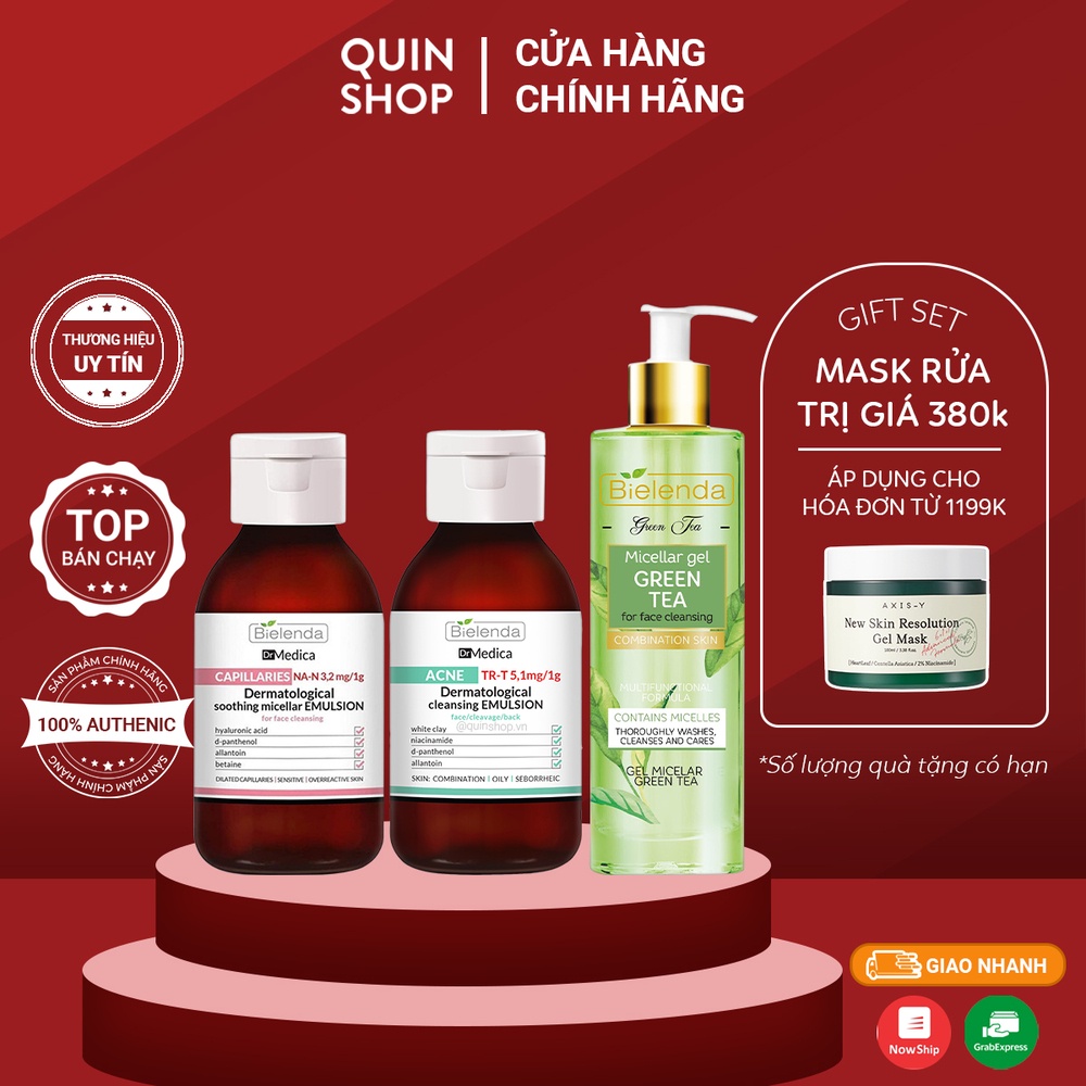 Sữa Rửa Mặt Giảm Mụn, Dịu Da Bielenda Dr Medica Acne, Capillaries Emulsion, Micellar Gel Green Tea Cleansing