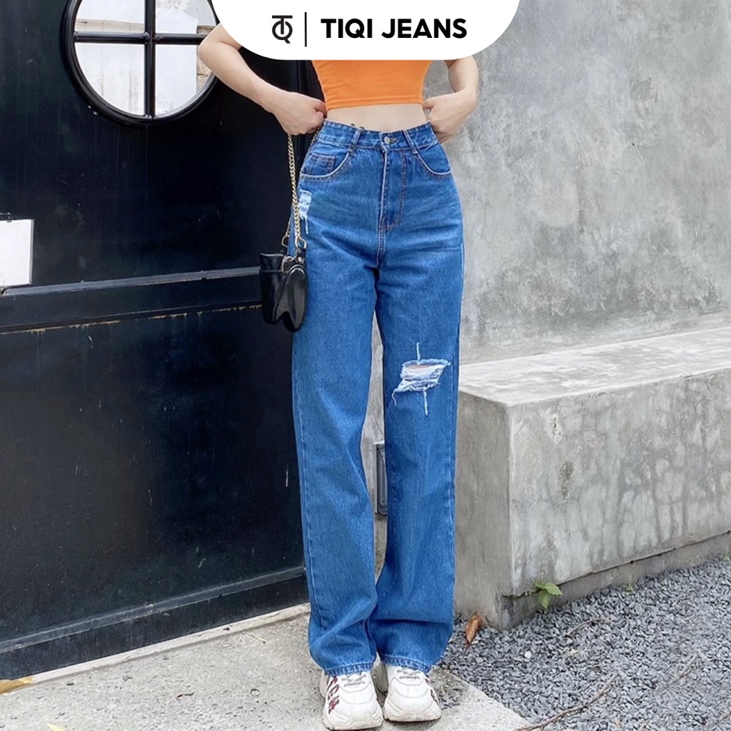 Quần jean ống suông nữ rách gối cao cấp TiQi Jeans B2-202