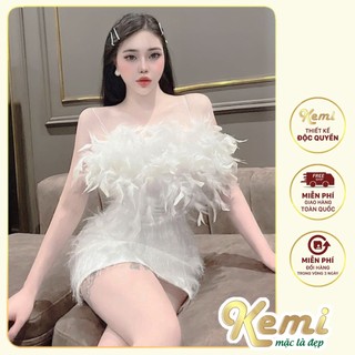 Váy lông vũ 2 dây cúp ngực body tôn dáng Kemi đầm dự tiệc thiết kế mới