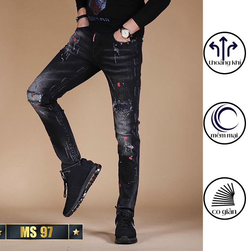 Quần jean nam màu đen xám xước, Quần bò rách vẩy sơn 97