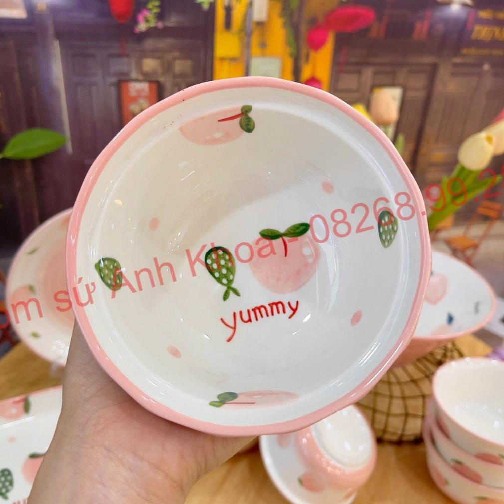 Siêu Sale - Bát Đĩa Gốm Sứ Decor, Bát Ăn Cơm, Bát Ăn Chè, Chén Dĩa Dễ Thương Bộ Đào Hồng 14 Món Xinh Yêu Cho Gia Đình