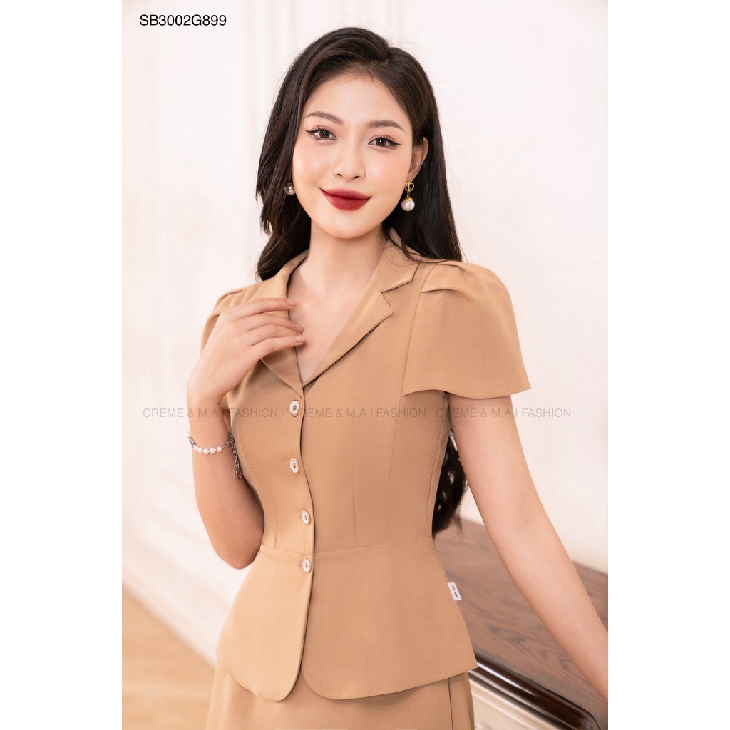 SET BỘ KÍ GIẢ CÔNG SỞ CỔ VEST TAY NGẮN DÁNG XÒE THIẾT KẾ CREME SB3002 | BigBuy360 - bigbuy360.vn