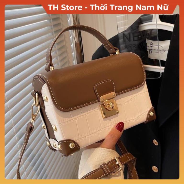 Túi xách nữ đeo chéo dáng hộp vuông khoá cài , Túi sách đeo vai màu nâu trắng đen phong cách thời trang Hàn TH Store