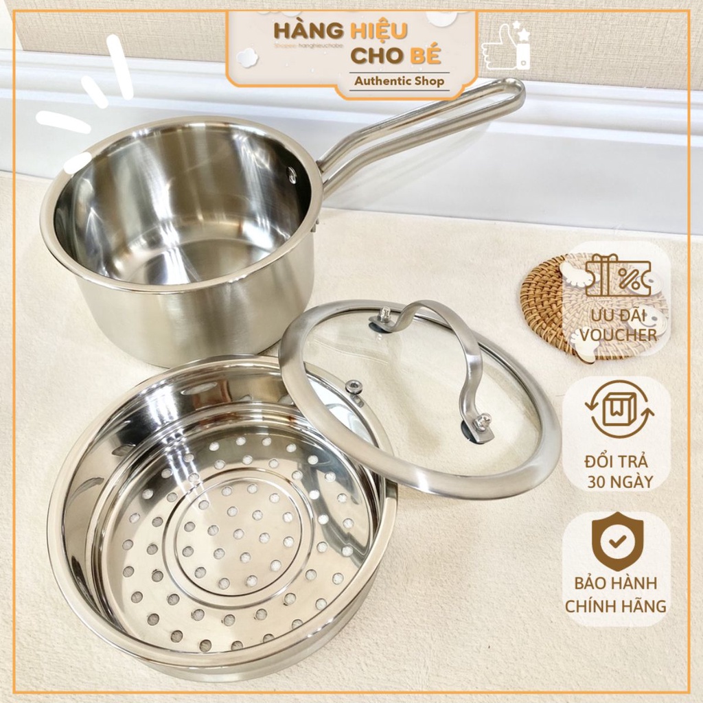 Bộ nồi Inox kèm xửng hấp Milk Pot 16cm nấu cháo, đồ ăn dặm cho bé | Nồi kiêm hấp đồ ăn dặm cho bé