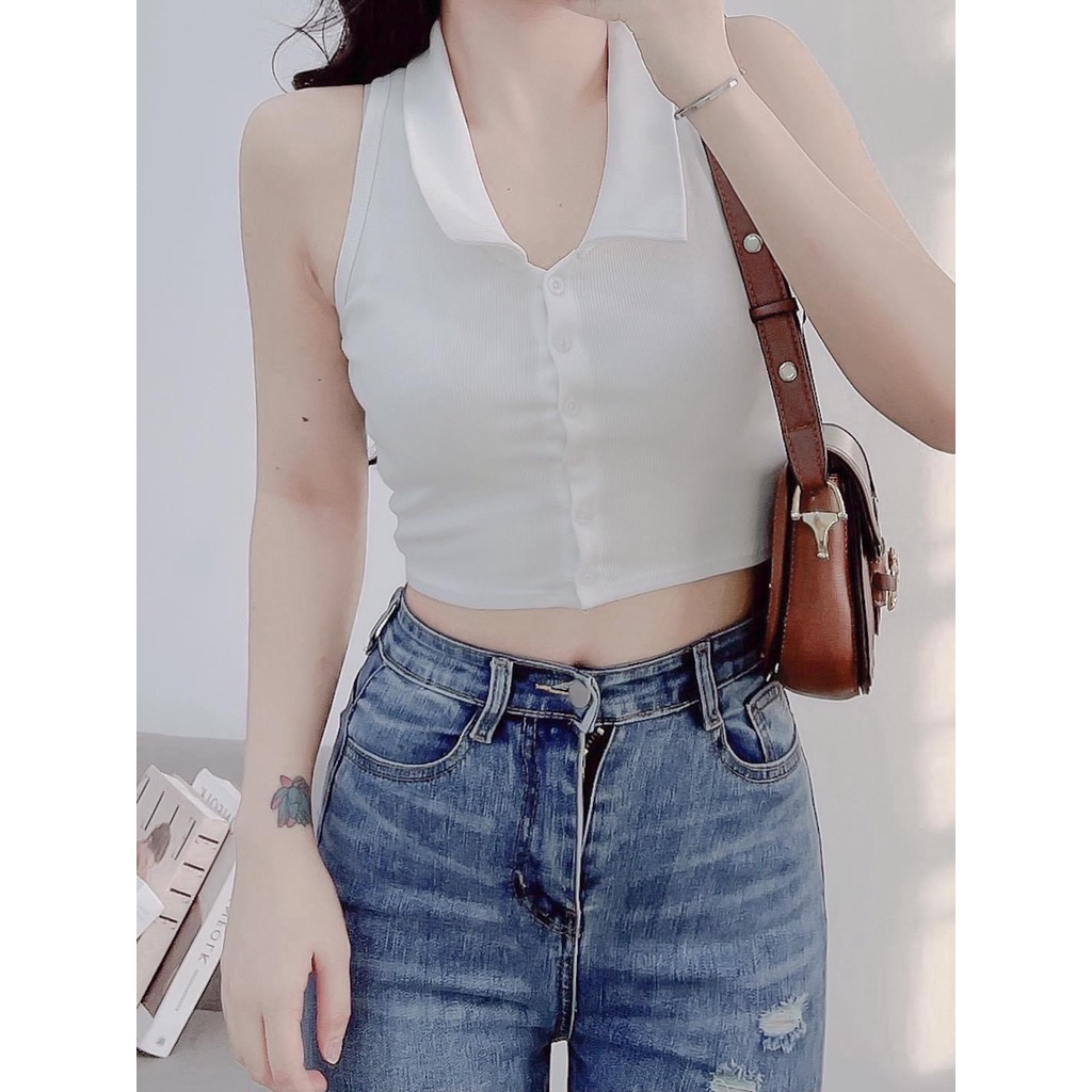 Áo croptop cổ trụ sexy cá tính, áo thun gân co giãn Okélla