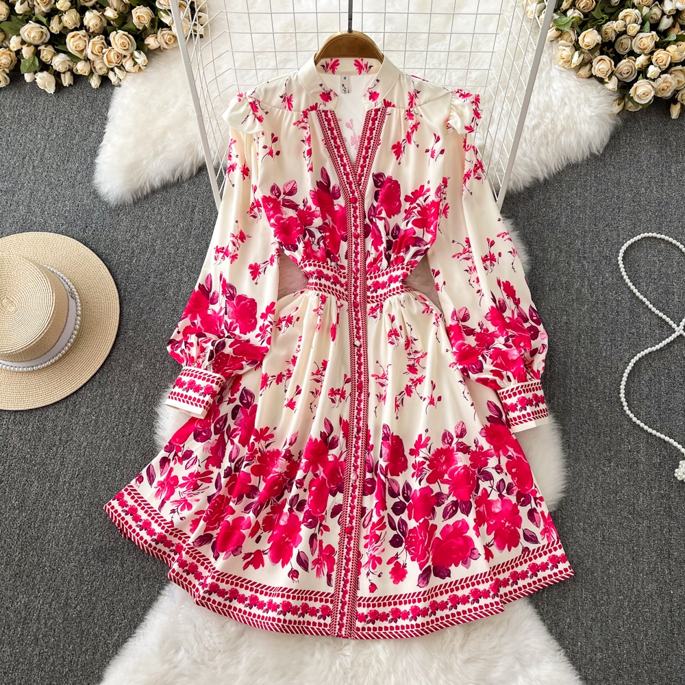 Đầm tay dài cổ sơ mi họa tiết hoa đủ size phong cách retro