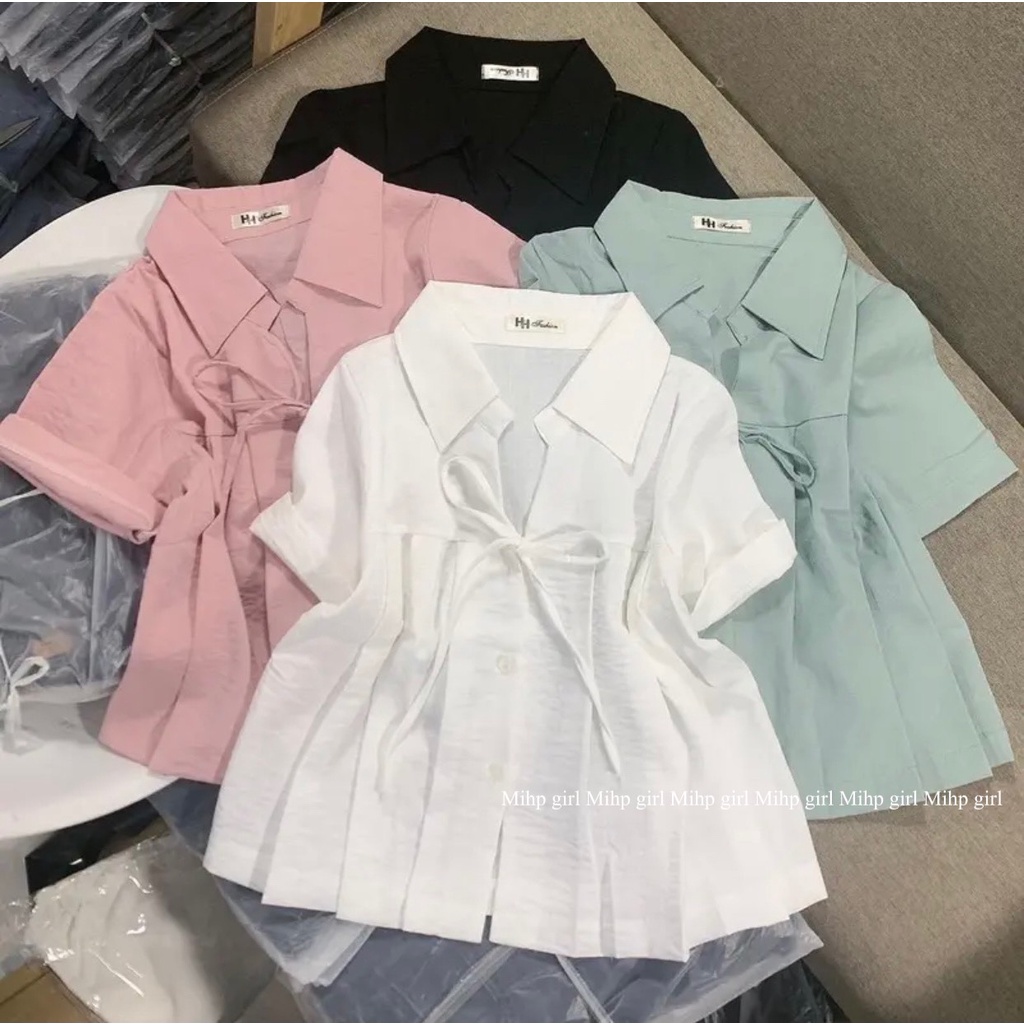 Áo sơ mi tay ngắn tà xếp ly