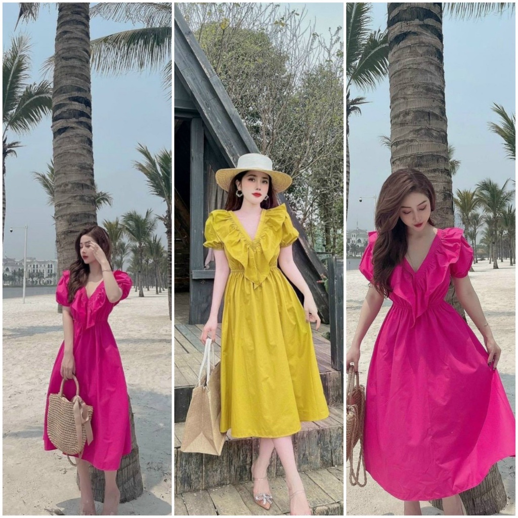 Váy đi biển cổ V bèo, đầm suông dáng dài chun eo thắt nơ đi biển xinh lung linh