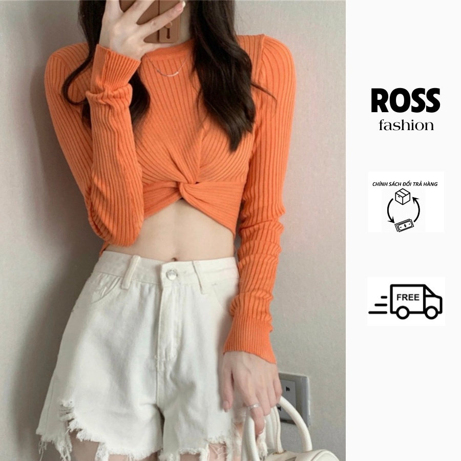 Áo Croptop Tay Dài Xoắn Eo Dáng Ôm Body Áo Kiểu Hở Bụng Chuẩn Form Style Hàn Quốc Hot Trend Ross Fashion