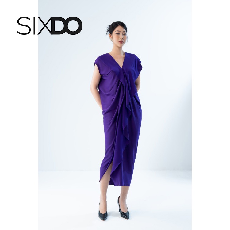 Đầm lụa tím midi cổ V thời trang SIXDO