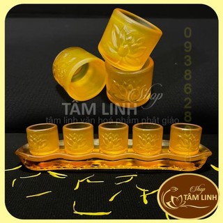 Bộ án 5 ly nước thờ cúng bằng lưu ly vàng siêu đẹp