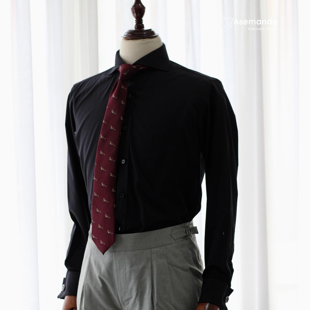 French cuff Cutaway Sơ mi nam tay măng sét cổ cutaway đen Cufflinks Asemando Sơ mi cổ điển Sartorial